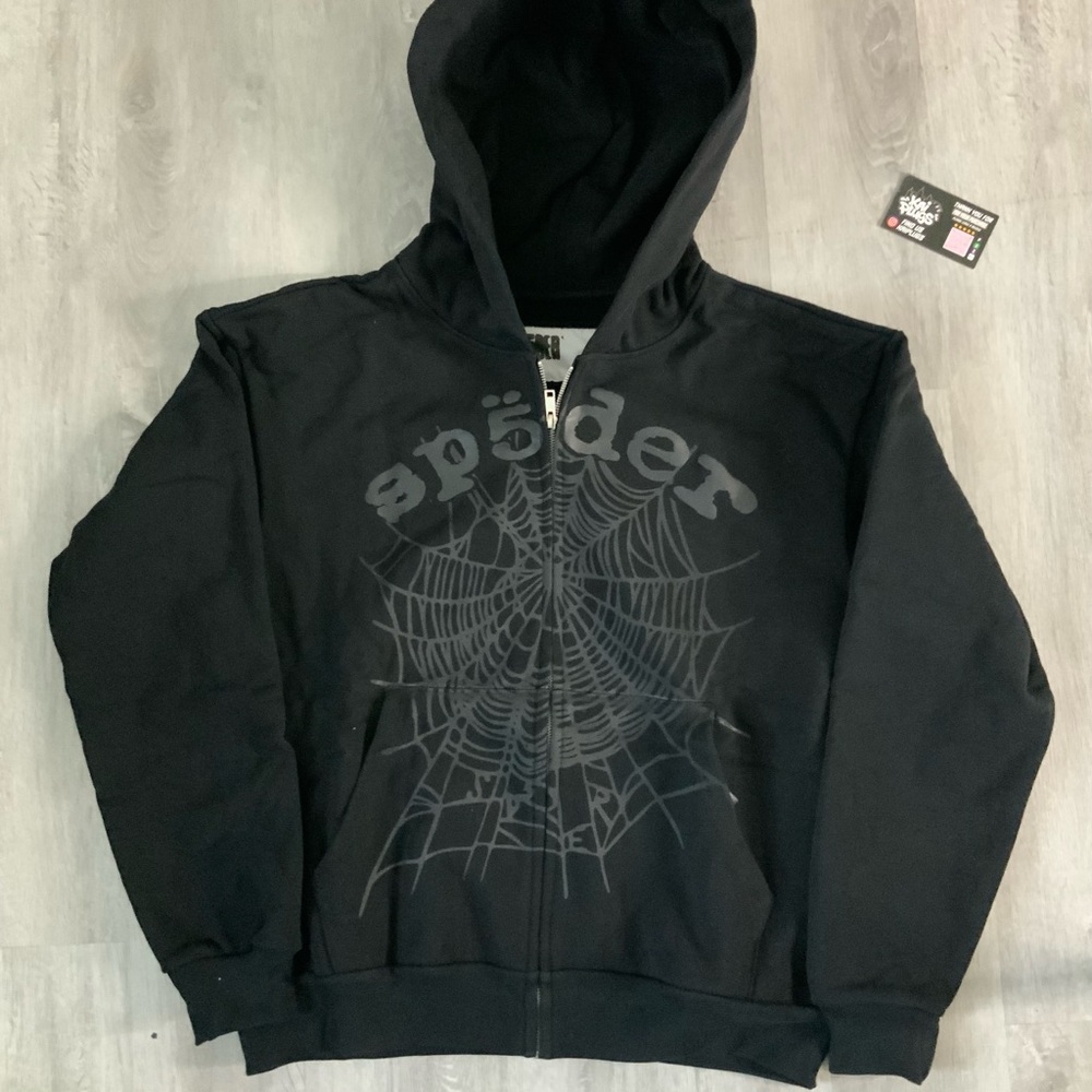 Black Sp5der Zip Up Hoodie with Graphic Design
